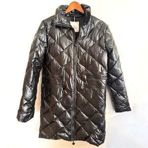 Moncler // black shiny glossy long line puffer coat size 2 dc1